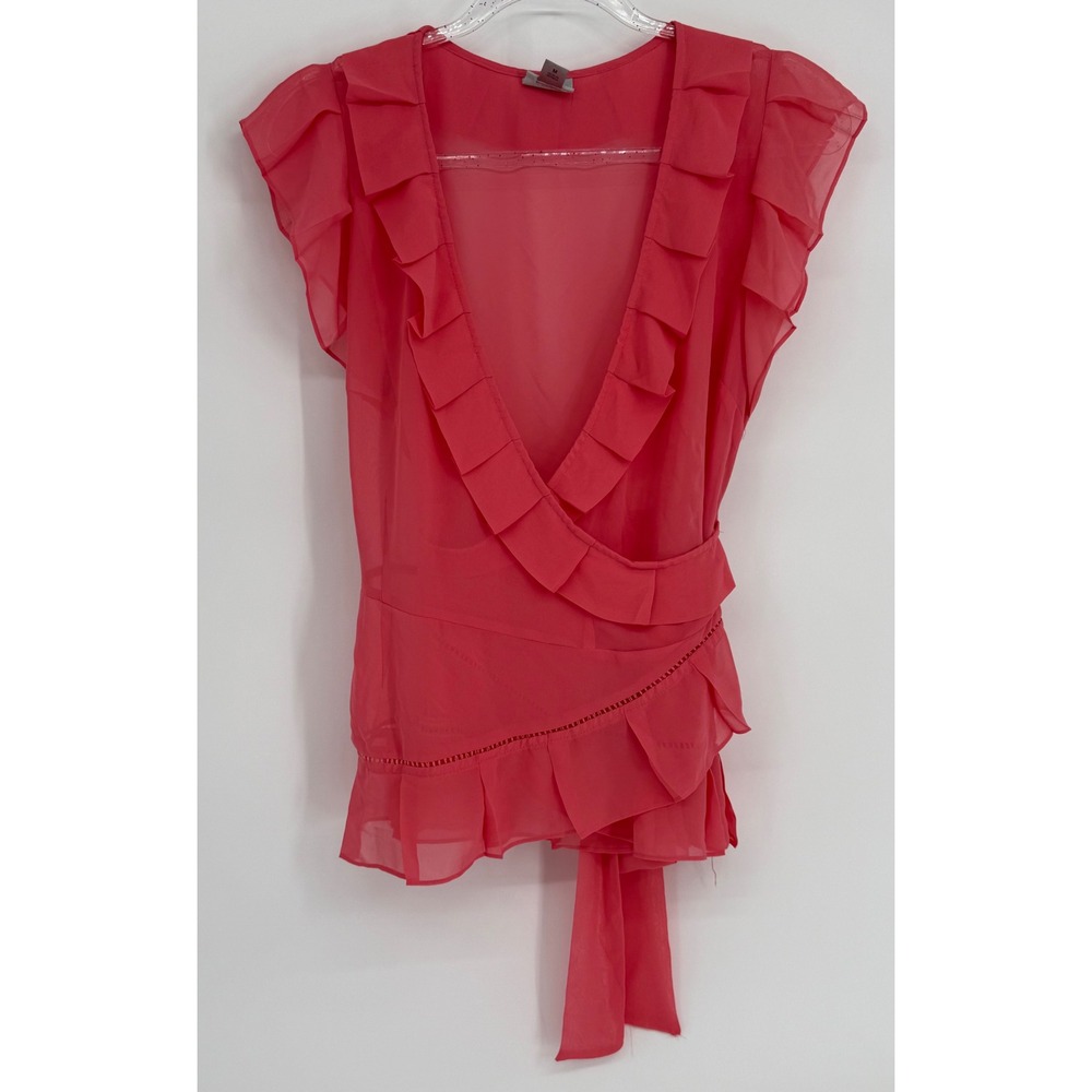 Worthington Pink Ruffle Wrap Blouse Sleeveless V-Neck Tie Back Top Medium
